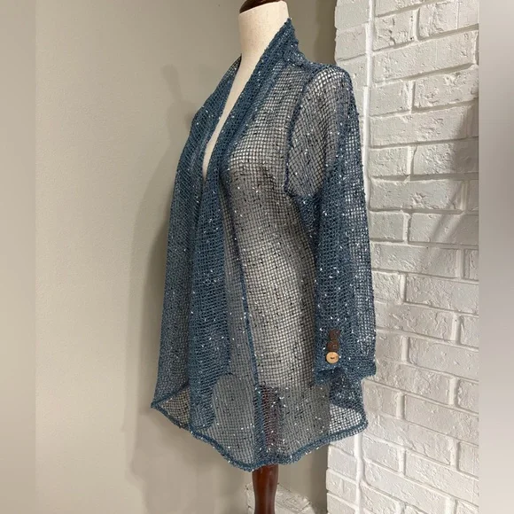 Keren Hart Open-Front Sparkle Knit Cardigan in Dusty Blue - Picture 2 of 5